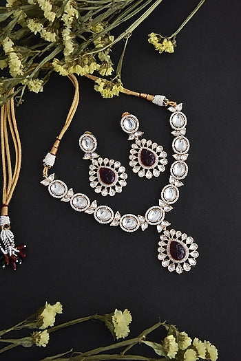 Gold Finish Red Synthetic Stone & Kundan Polki Necklace Set In Sterling Silver