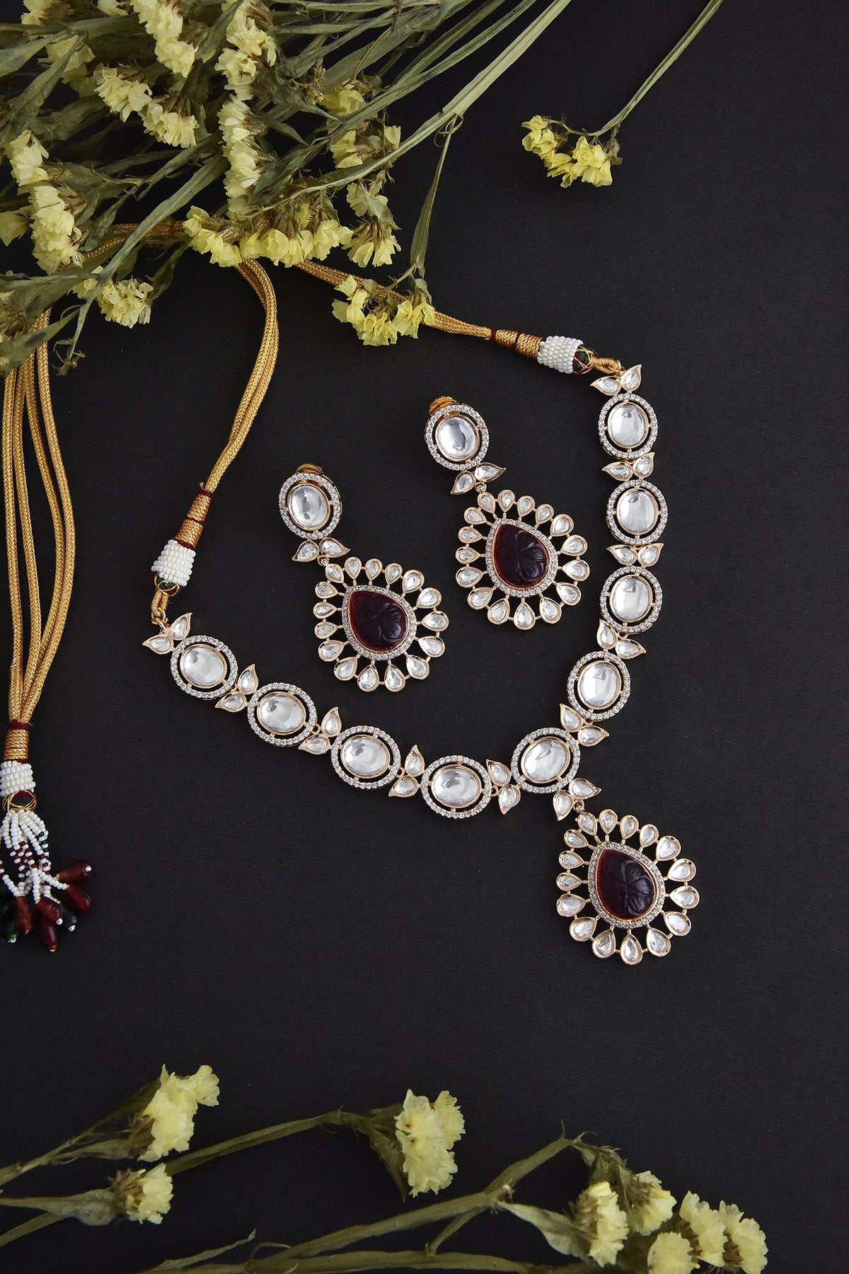 Gold Finish Red Synthetic Stone & Kundan Polki Necklace Set In Sterling Silver