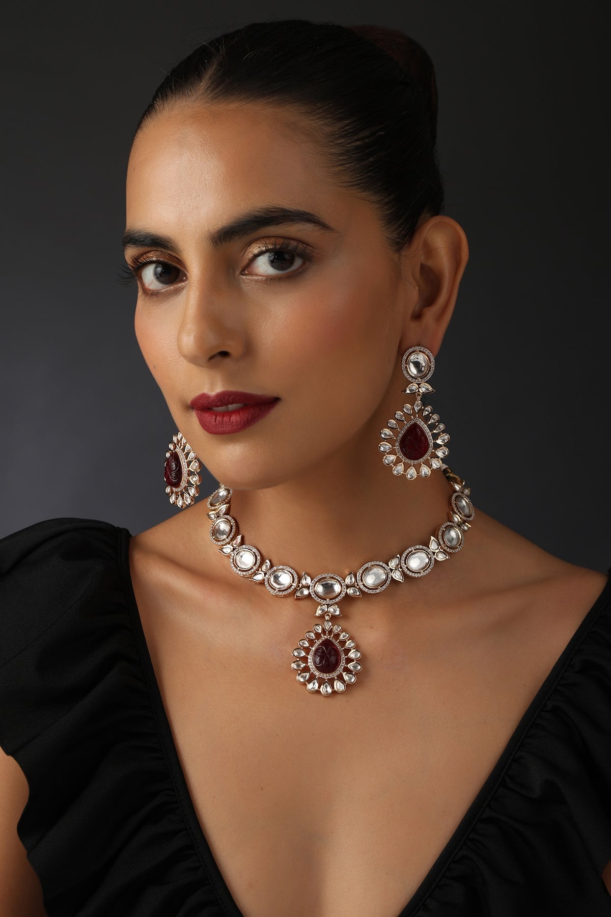 Gold Finish Red Synthetic Stone & Kundan Polki Necklace Set In Sterling Silver