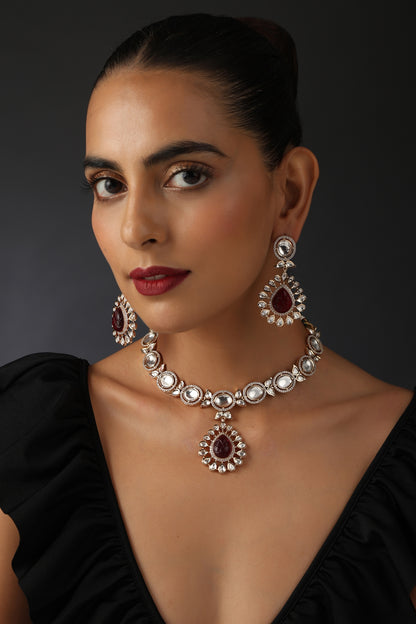 Gold Finish Red Synthetic Stone & Kundan Polki Necklace Set In Sterling Silver