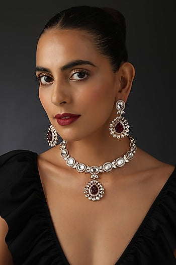 Gold Finish Red Synthetic Stone & Kundan Polki Necklace Set In Sterling Silver