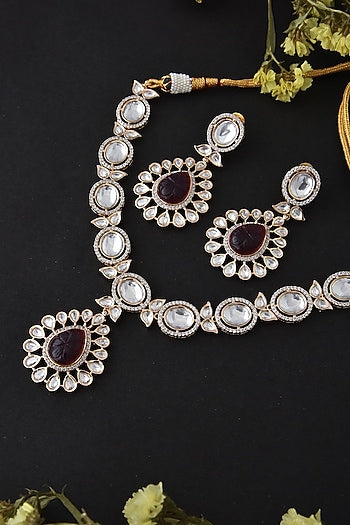 Gold Finish Red Synthetic Stone & Kundan Polki Necklace Set In Sterling Silver