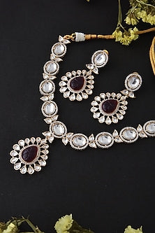 Gold Finish Red Synthetic Stone & Kundan Polki Necklace Set In Sterling Silver