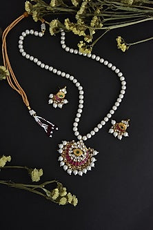 Gold Finish Synthetic Stone & Kundan Polki Long Necklace Set