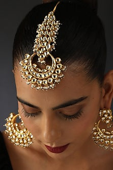 Gold Finish Synthetic Stone & Kundan Polki Earrings With Maangtikka