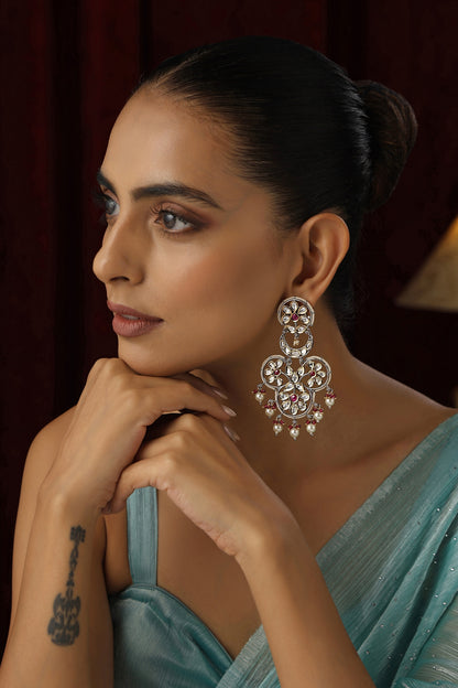 Two-Tone Finish Red Kundan Polki Handmade Dangler Earrings
