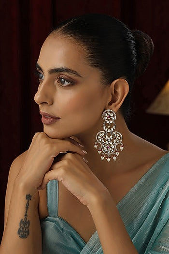Two-Tone Finish Red Kundan Polki Handmade Dangler Earrings