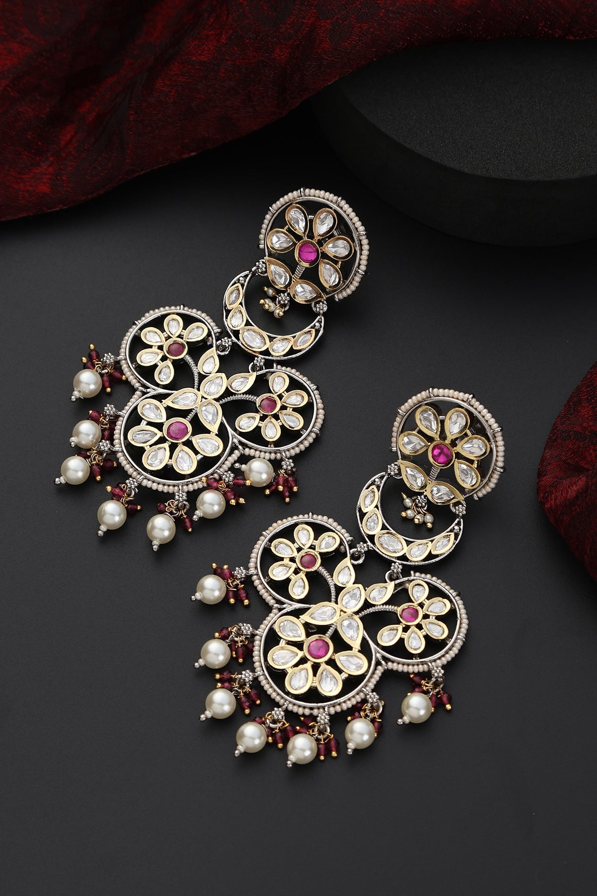 Two-Tone Finish Red Kundan Polki Handmade Dangler Earrings