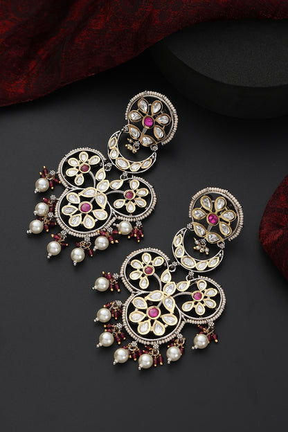Two-Tone Finish Red Kundan Polki Handmade Dangler Earrings