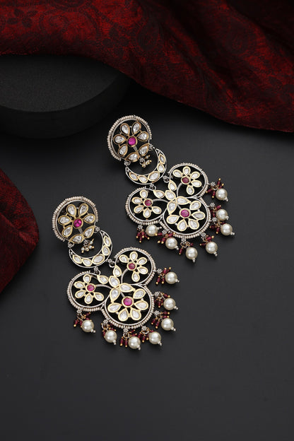 Two-Tone Finish Red Kundan Polki Handmade Dangler Earrings