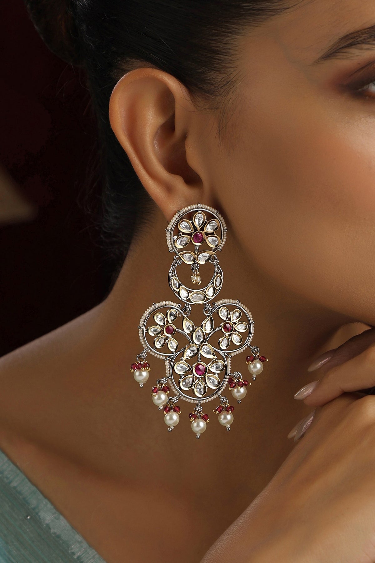 Two-Tone Finish Red Kundan Polki Handmade Dangler Earrings