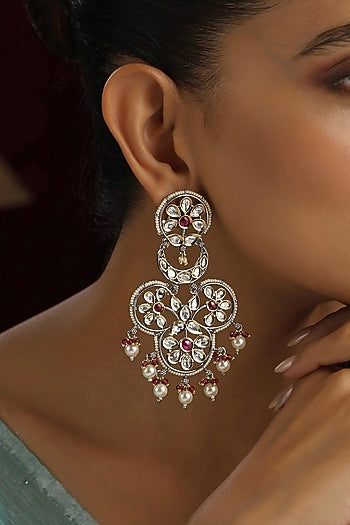 Two-Tone Finish Red Kundan Polki Handmade Dangler Earrings