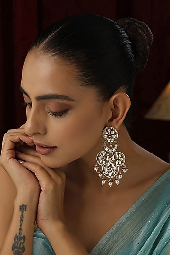 Two-Tone Finish Red Kundan Polki Handmade Dangler Earrings
