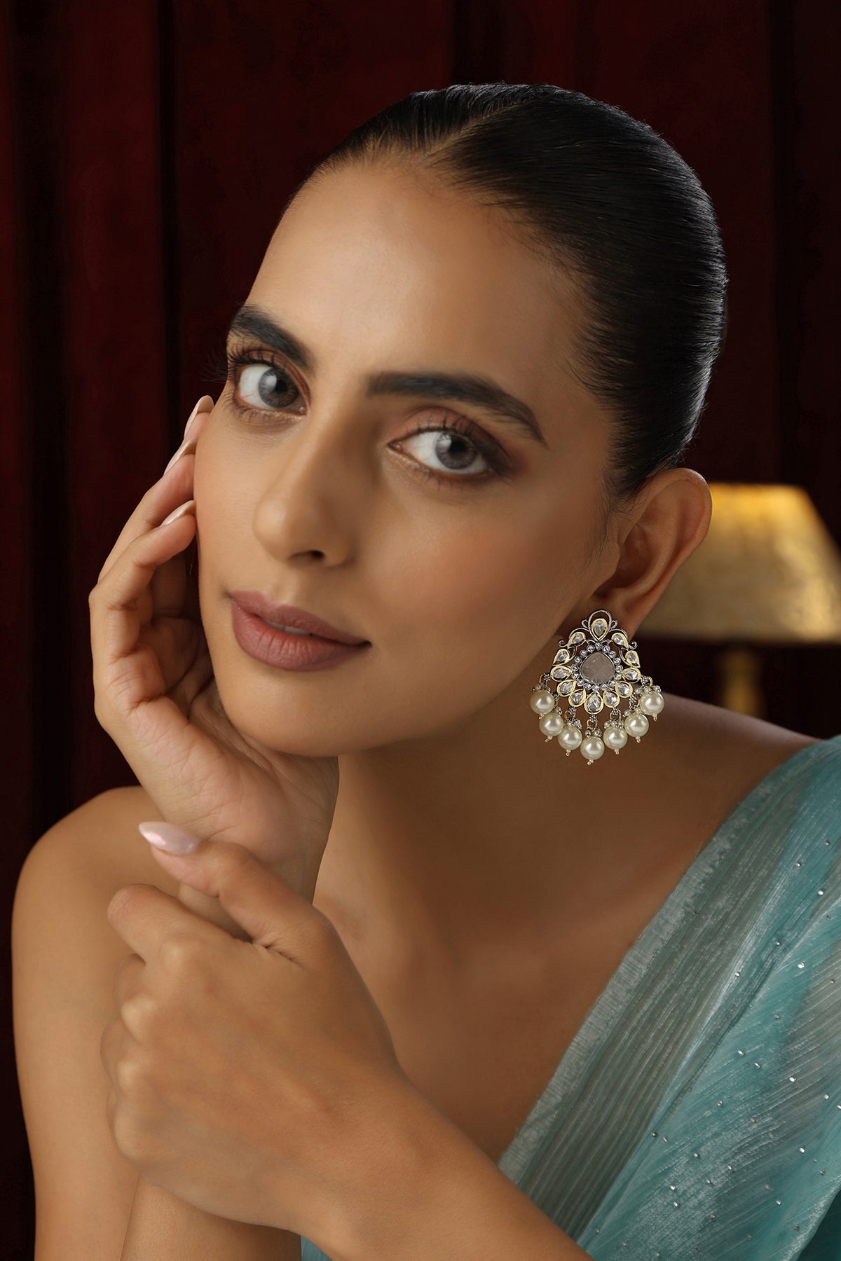 White Finish Kundan Polki & Pearl Handmade Stud Earrings