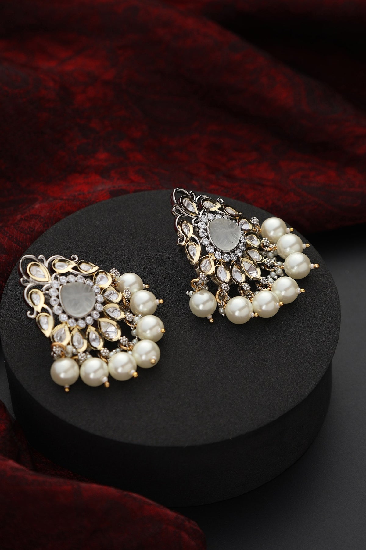 White Finish Kundan Polki & Pearl Handmade Stud Earrings