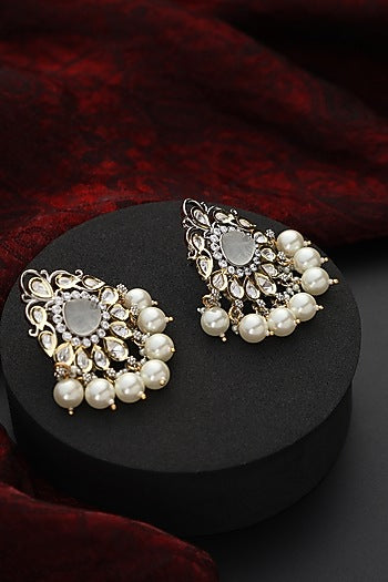 White Finish Kundan Polki & Pearl Handmade Stud Earrings