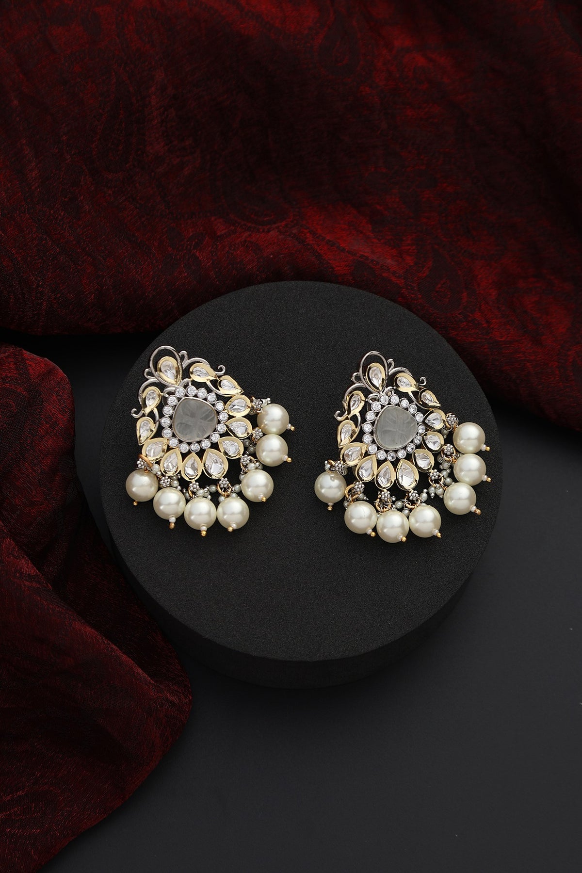 White Finish Kundan Polki & Pearl Handmade Stud Earrings