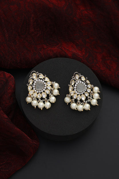 White Finish Kundan Polki & Pearl Handmade Stud Earrings