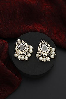 White Finish Kundan Polki & Pearl Handmade Stud Earrings