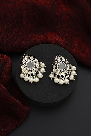 White Finish Kundan Polki & Pearl Handmade Stud Earrings