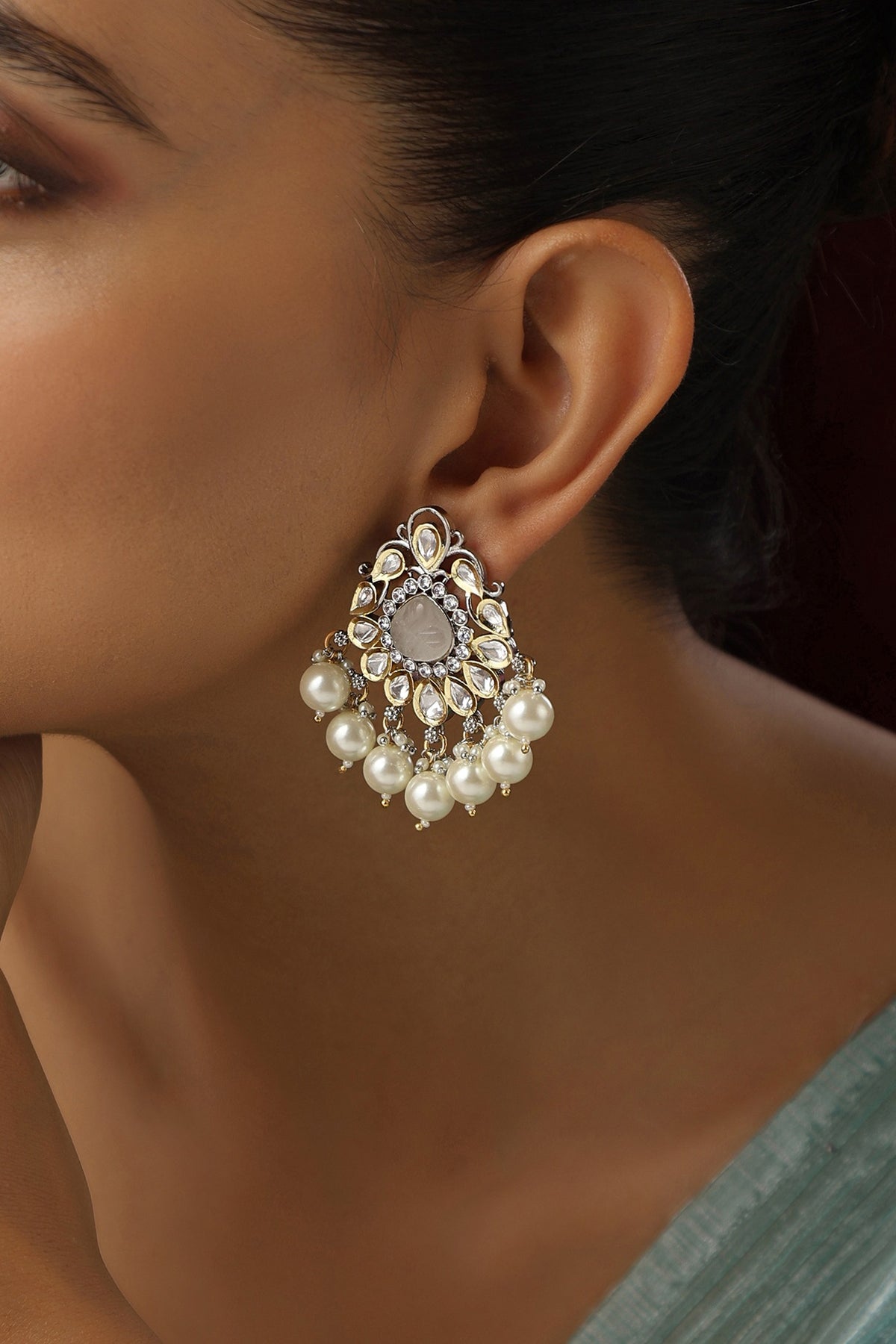 White Finish Kundan Polki & Pearl Handmade Stud Earrings