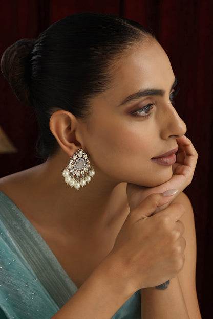 White Finish Kundan Polki & Pearl Handmade Stud Earrings