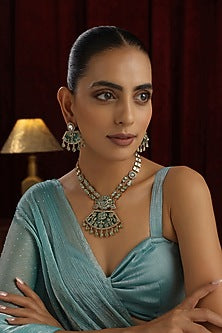 Gold Finish Mint Kundan Polki Handmade Long Necklace Set