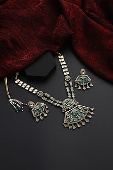 Gold Finish Mint Kundan Polki Handmade Long Necklace Set