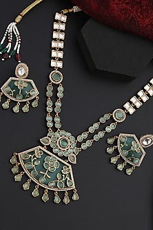 Gold Finish Mint Kundan Polki Handmade Long Necklace Set