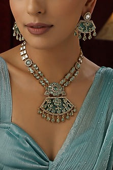 Gold Finish Mint Kundan Polki Handmade Long Necklace Set