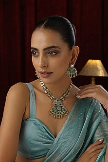Gold Finish Mint Kundan Polki Handmade Long Necklace Set