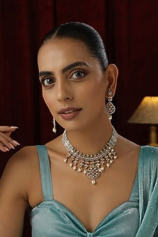 Rose Gold Finish Cyan Blue Kundan Polki Handmade Layered Necklace Set