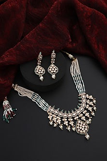 Rose Gold Finish Cyan Blue Kundan Polki Handmade Layered Necklace Set