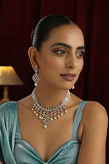 Rose Gold Finish Cyan Blue Kundan Polki Handmade Layered Necklace Set