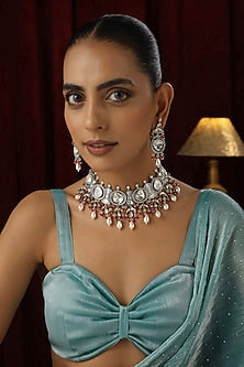 White Finish Red Kundan Polki Handmade Choker Necklace Set