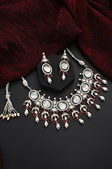 White Finish Red Kundan Polki Handmade Choker Necklace Set