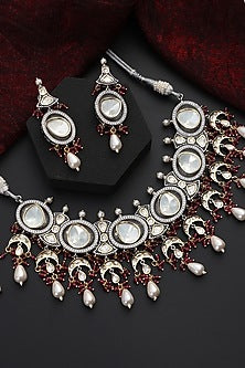 White Finish Red Kundan Polki Handmade Choker Necklace Set