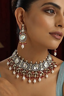 White Finish Red Kundan Polki Handmade Choker Necklace Set