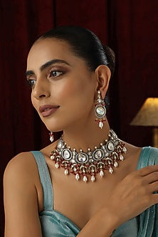 White Finish Red Kundan Polki Handmade Choker Necklace Set
