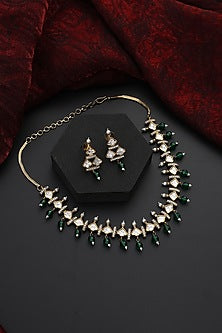 Gold Finish Green Kundan Polki Handmade Choker Necklace Set