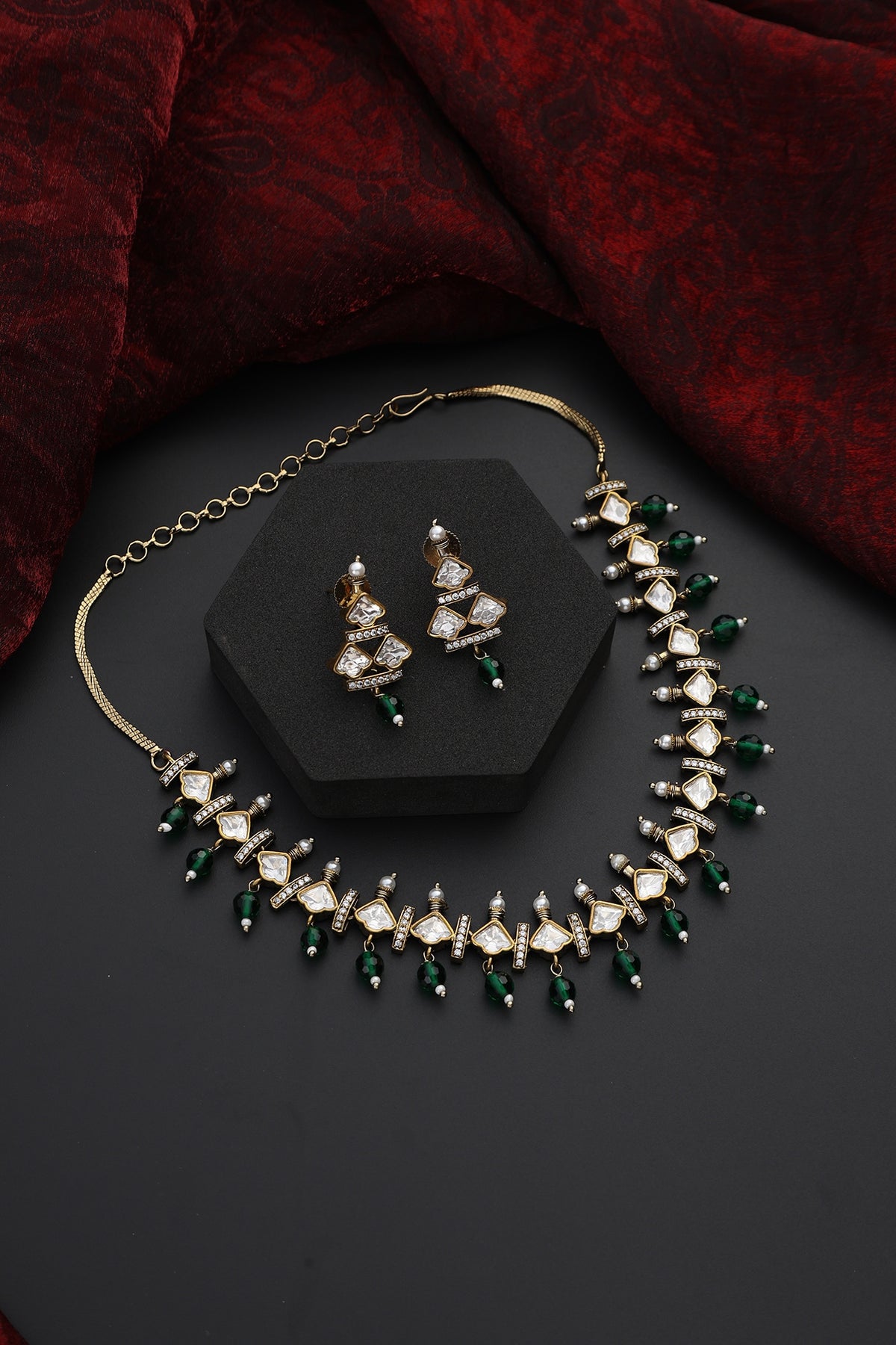 Gold Finish Green Kundan Polki Handmade Choker Necklace Set