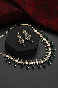 Gold Finish Green Kundan Polki Handmade Choker Necklace Set
