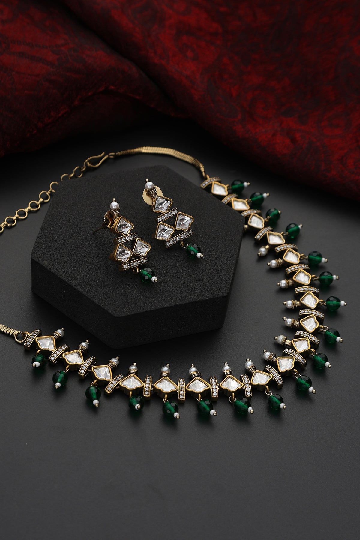 Gold Finish Green Kundan Polki Handmade Choker Necklace Set