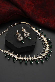 Gold Finish Green Kundan Polki Handmade Choker Necklace Set
