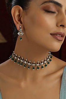 Gold Finish Green Kundan Polki Handmade Choker Necklace Set