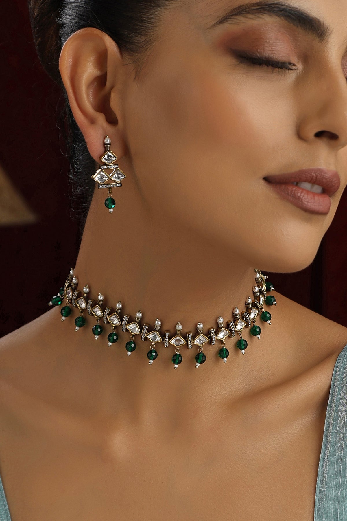 Gold Finish Green Kundan Polki Handmade Choker Necklace Set