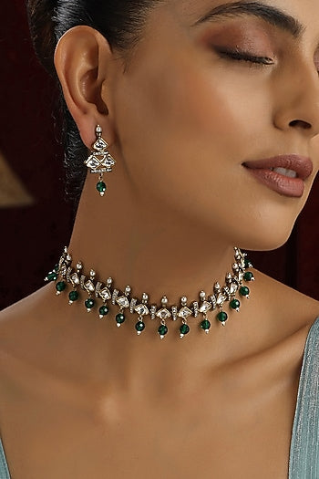 Gold Finish Green Kundan Polki Handmade Choker Necklace Set