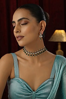 Gold Finish Green Kundan Polki Handmade Choker Necklace Set