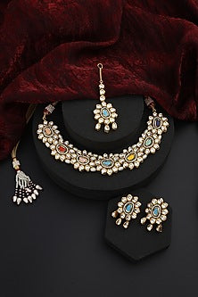 Gold Finish Multi-Colored Kundan Polki Handmade Choker Necklace Set
