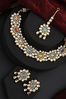 Gold Finish Multi-Colored Kundan Polki Handmade Choker Necklace Set